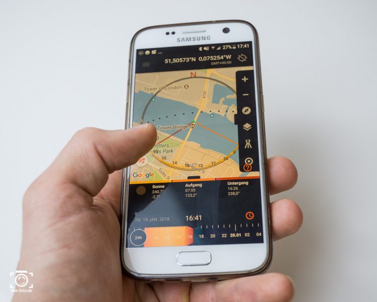 App Sunsurveyor, um die Goldene Stunde zu ermitteln.